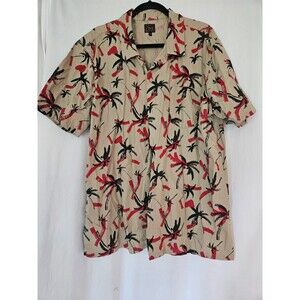 Obey Shirt Men's XL Tan Red Black Palm Trees Button Up Dark Abstract Hawaiian